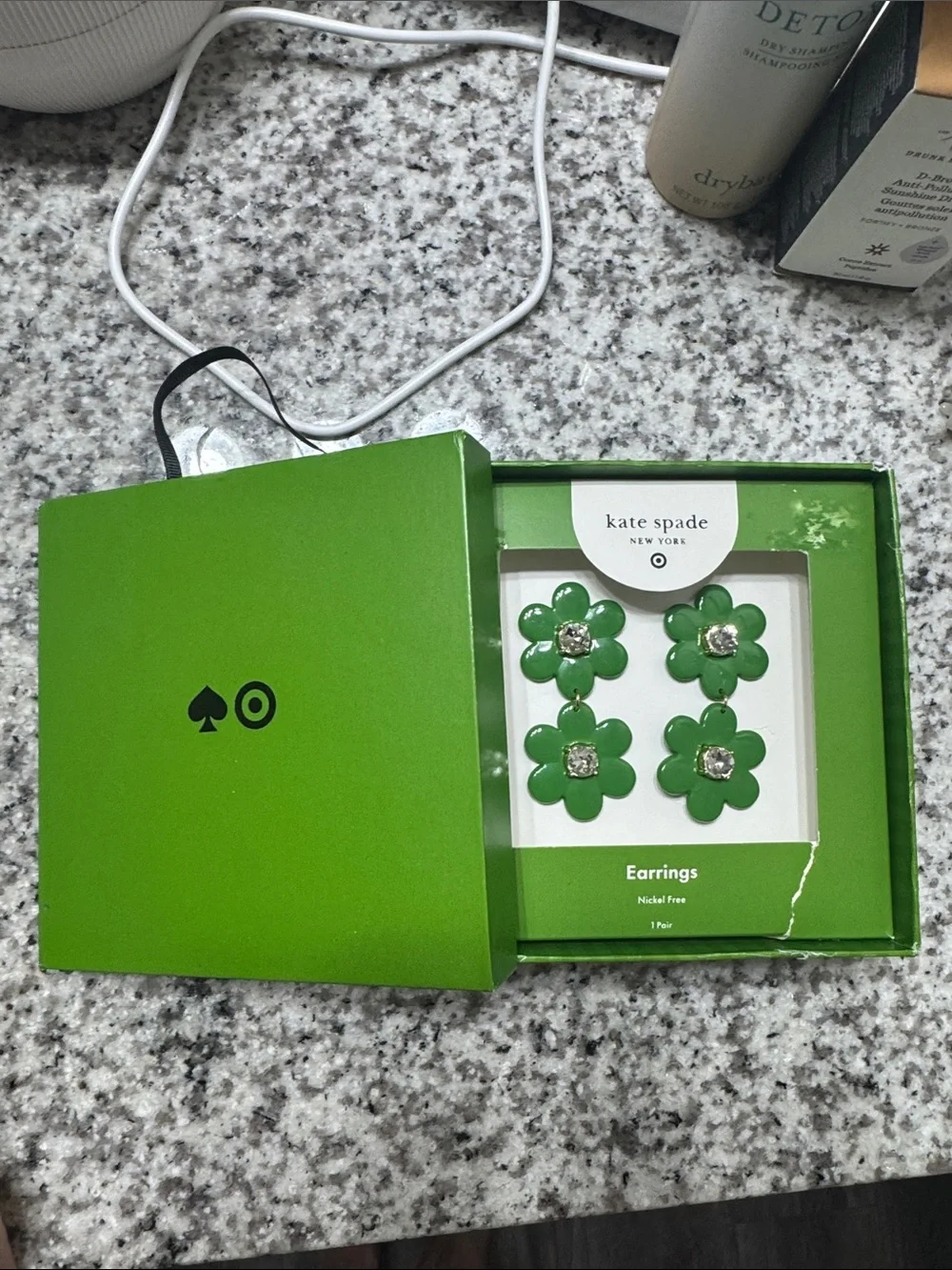 kate spade green enamel floral drop earrings with crystal centers